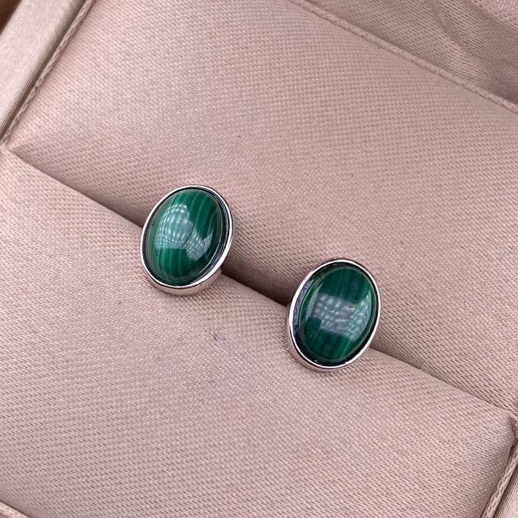 925 Sterling Silver Inlaid Malachite Crystal Stud Earrings