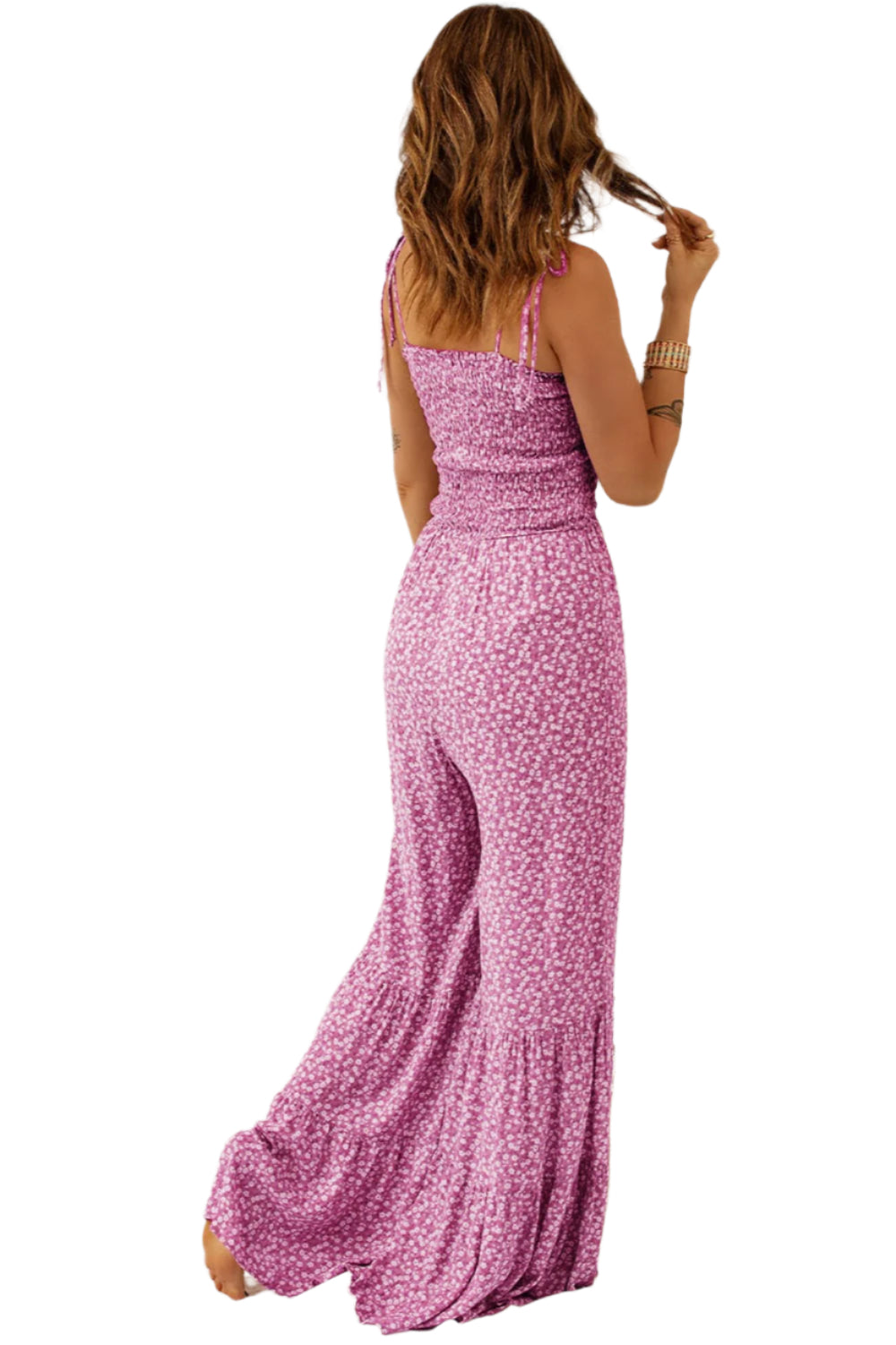 Smocked Printed Wide Strap Jumpsuit