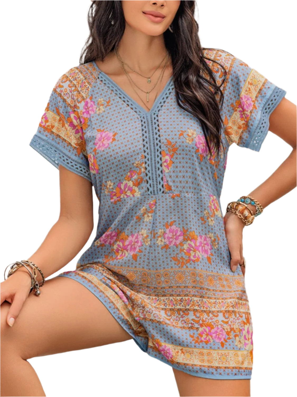 Printed V-Neck Short Sleeve Romper