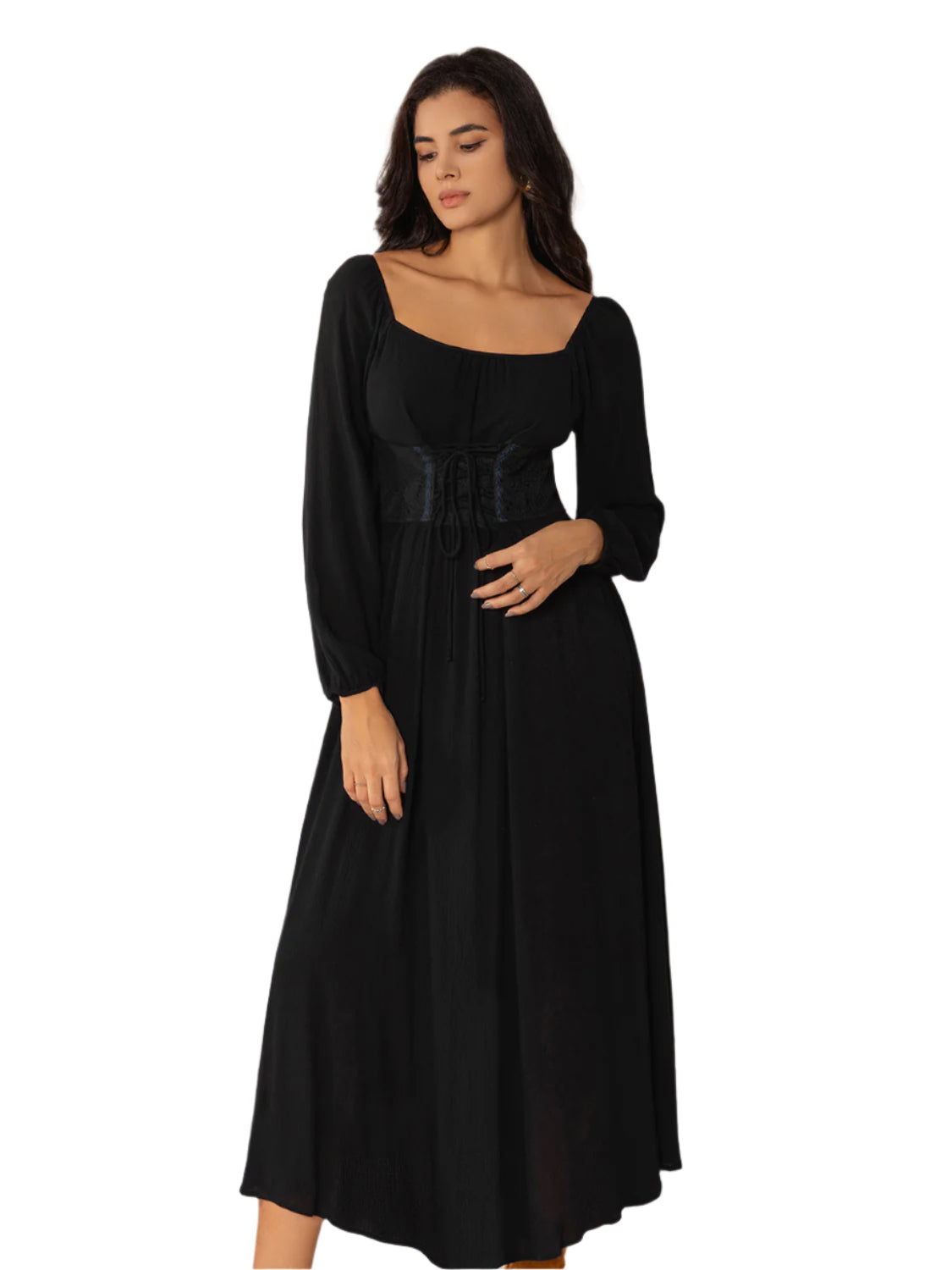 Lace-Up Square Neck Long Sleeve Midi Dress