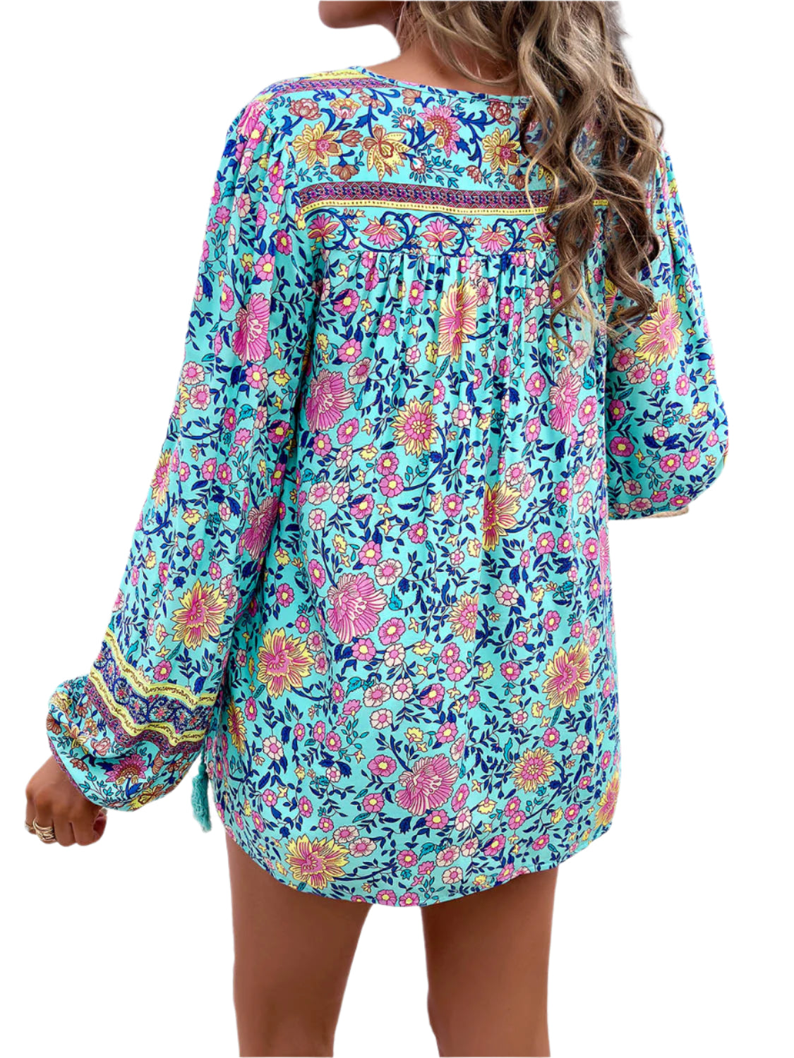 Devine Printed Tie Neck Long Sleeve Blouse