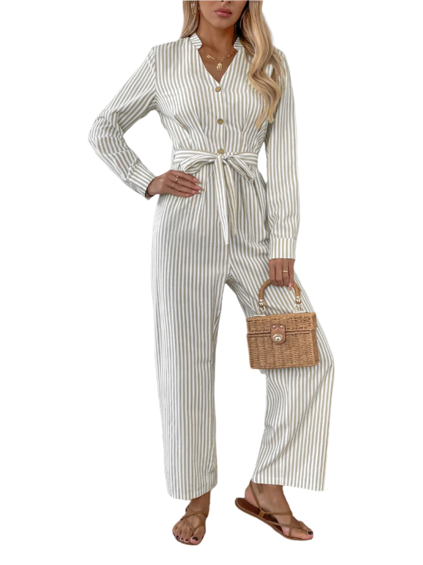 Striped Notched Long Sleeve Tie Waist Jumpsuit