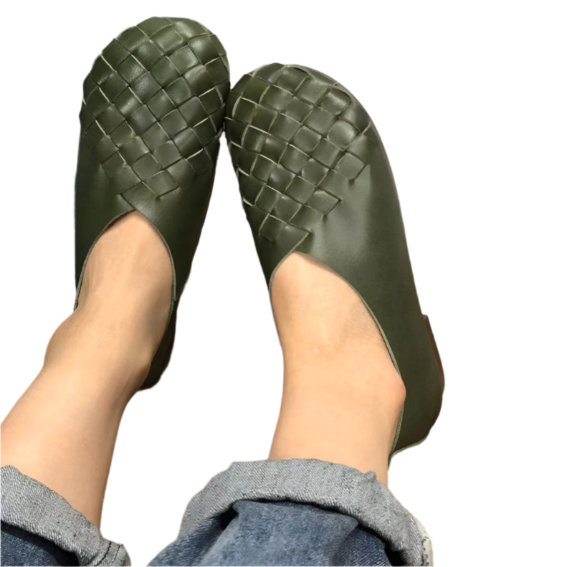 Round Toe Woven Cowhide Leather Flat Shoes