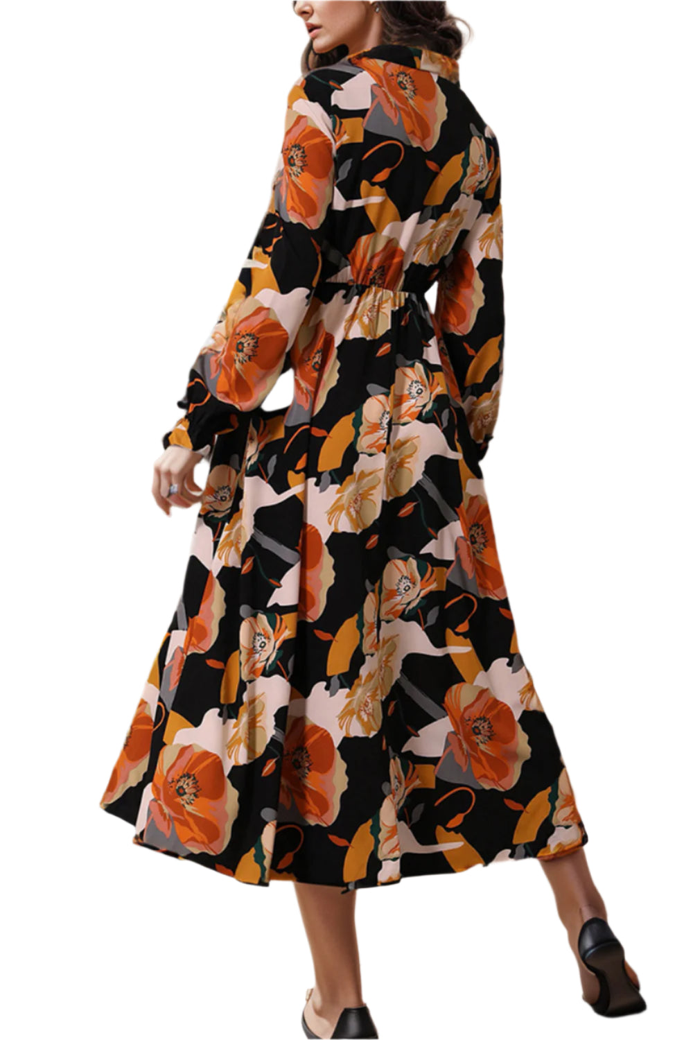 Printed Tie Neck Flounce Sleeve Dress