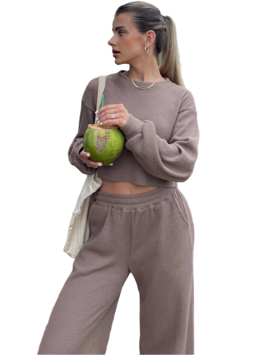 Waffle-Knit Round Neck Top and Pants Set