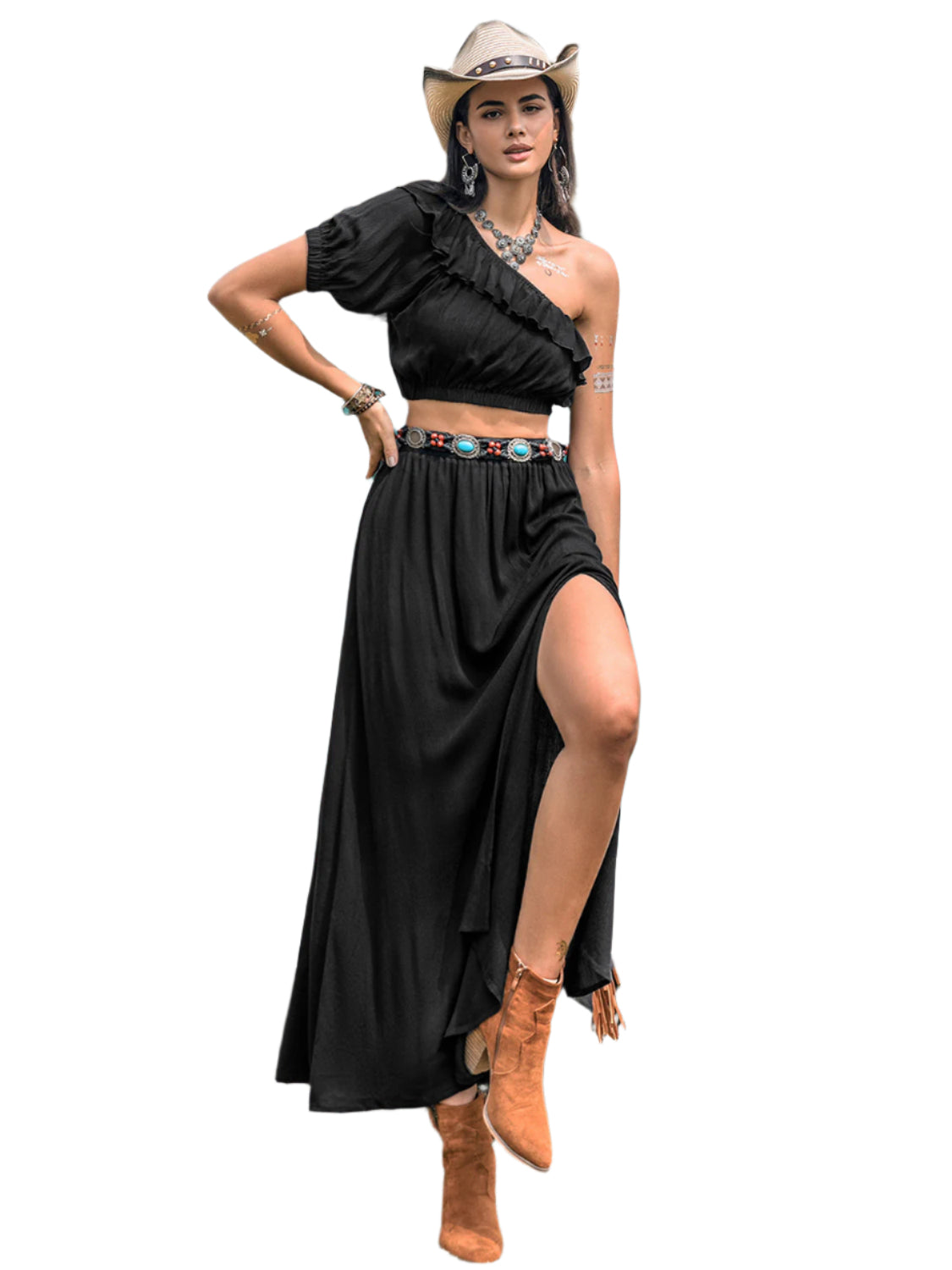 Ruffled Single Shoulder Top and Slit Skirt Set