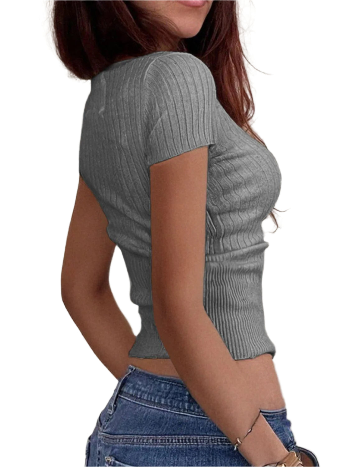 Half Button Scoop Neck Short Sleeve Knit Top