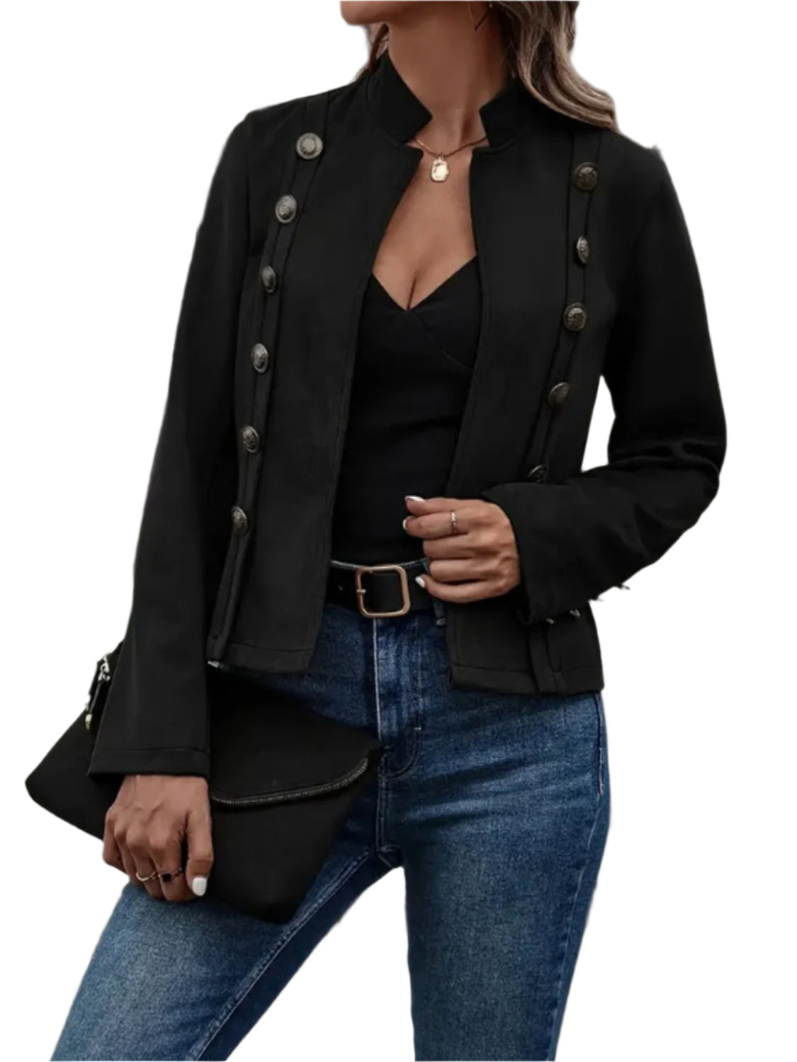 Decorative Button Open Front Long Sleeve Jacket