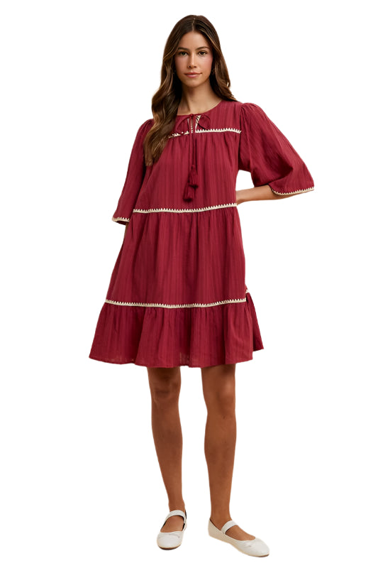 Annie Wear Tassel Contrast Trim Tie Neck Half Sleeve Tiered Dress