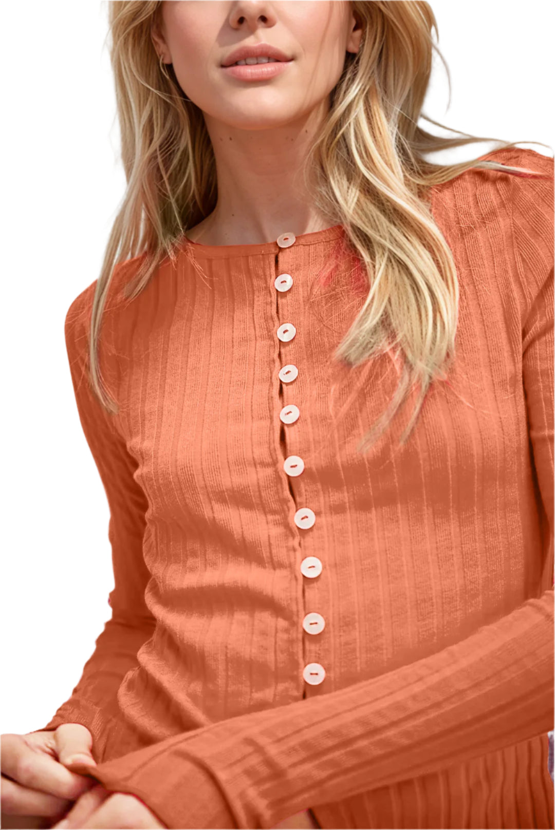 Basic Bae Texture Button Up Round Neck Long Sleeve Top