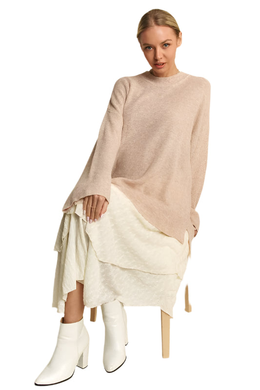 Davi & Dani High-Low Round Neck Drop Shoulder Sweater