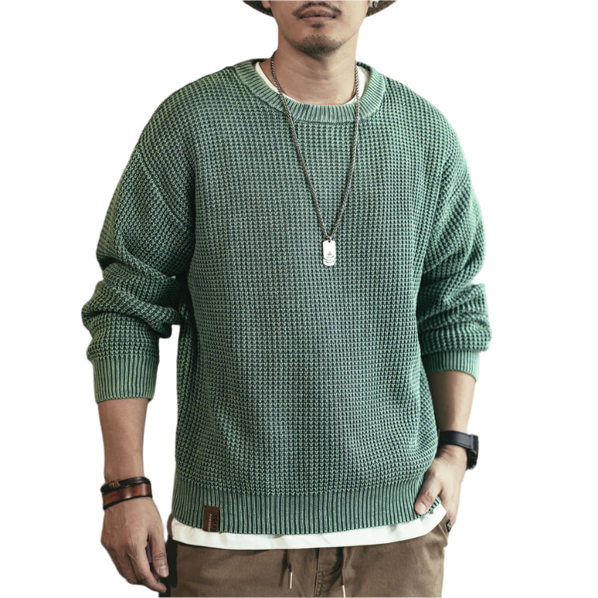 Men's Waffle Thick Needle Washed Round Neck Sweater