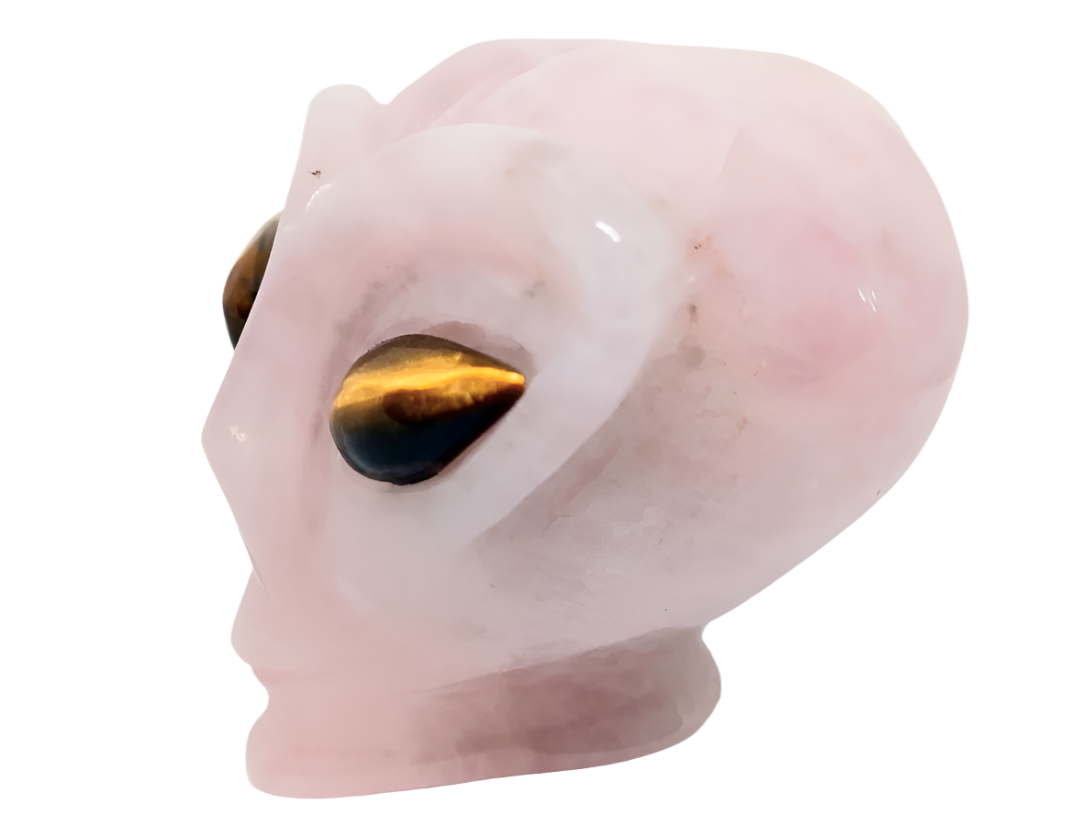 495G Rose Quartz Crystal Alien Head with Tiger Eye Eyes