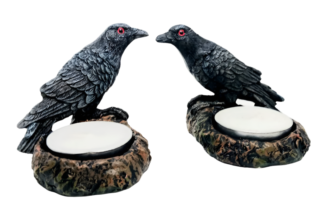 Resin Ravens Tea Light Altar Candle Holder Set