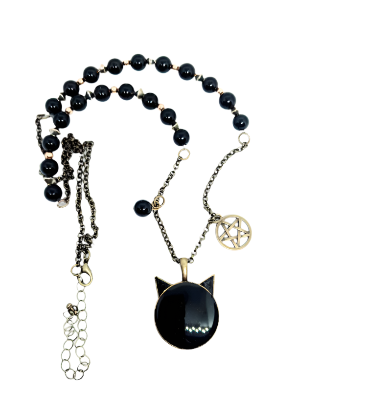 Black Cat Mini Scrying Mirror Necklace