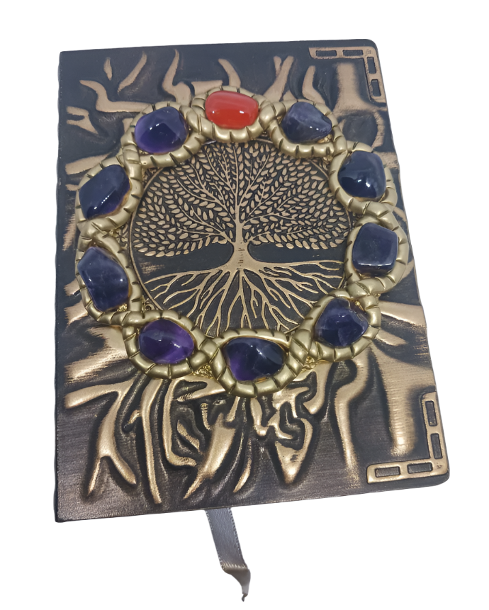 Yggdrasil Journal with Amethyst and Carnelian Crystal
