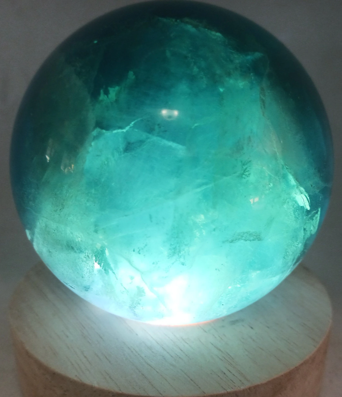 628G Blue Fluorite Crystal Sphere with Lighting
