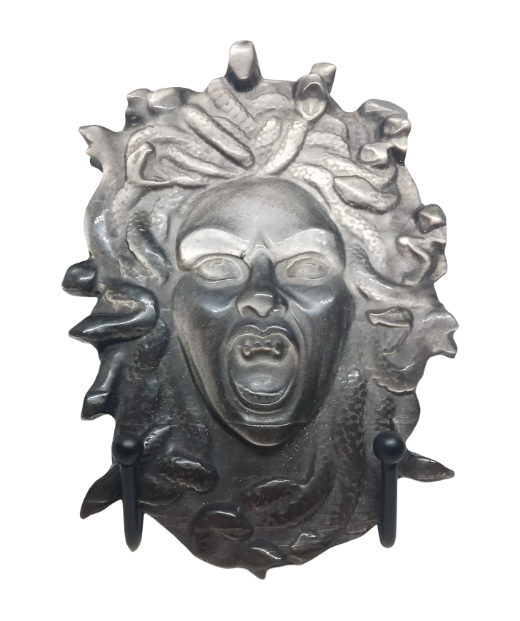 403G Silver Obsidian Crystal Medusa with Metal Stand