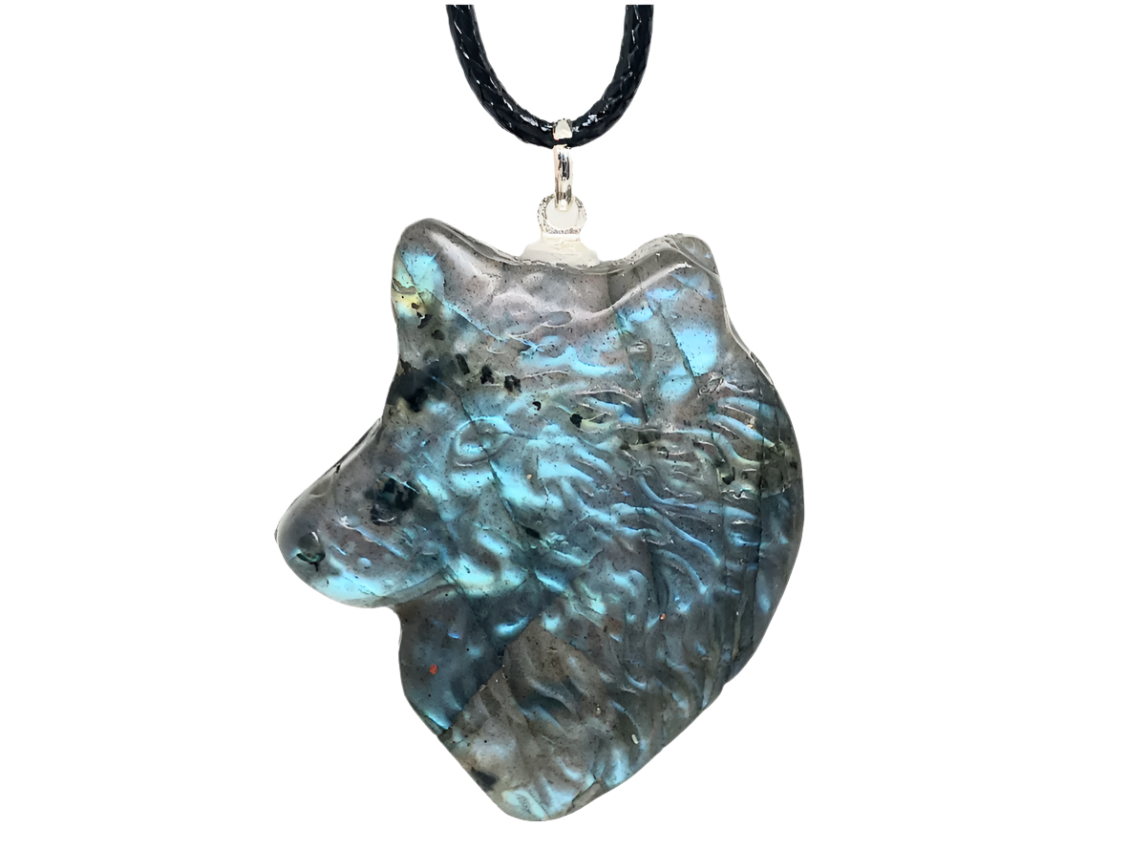 Labradorite Crystal Wolf Pendant Necklace