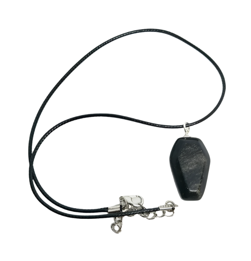 Silver Obsidian Crystal Coffin Pendant Necklace