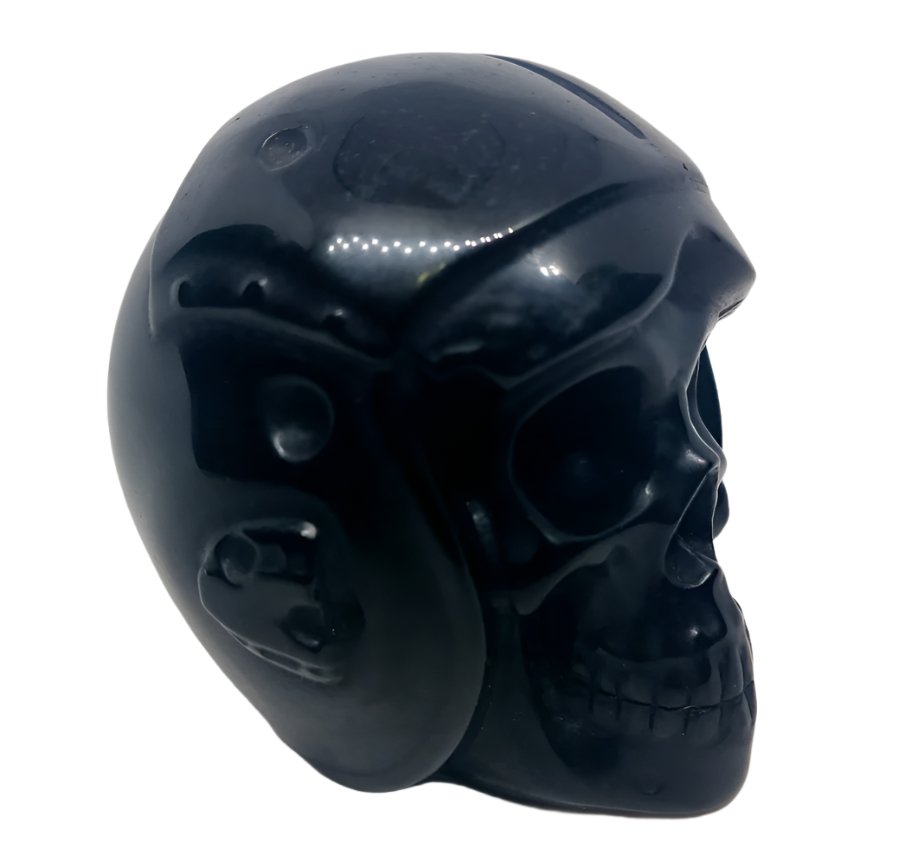 404G Black Obsidian Crystal Skull with Helmet