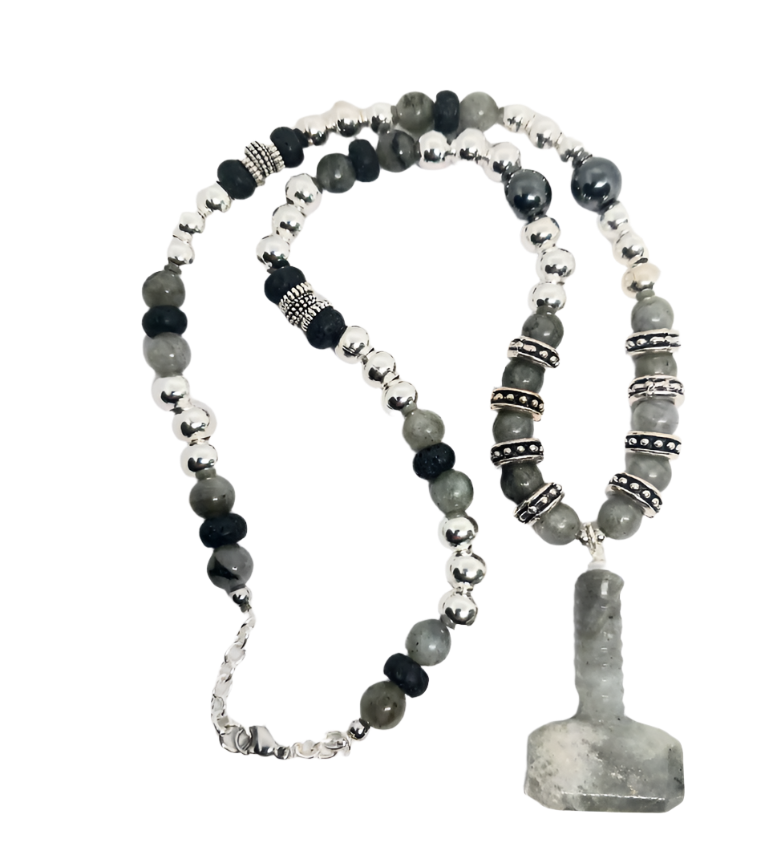 Labradorite Crystal Mjölnir Necklace with Hematite and Lava Stone