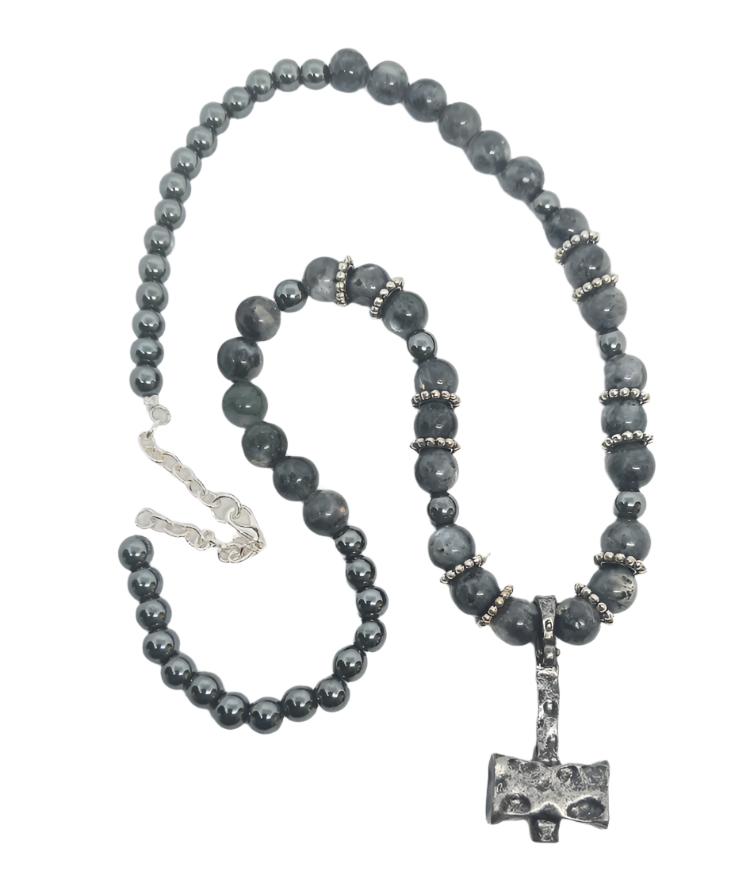 Pewter Mjölnir Necklace with Larvikite Crystal
