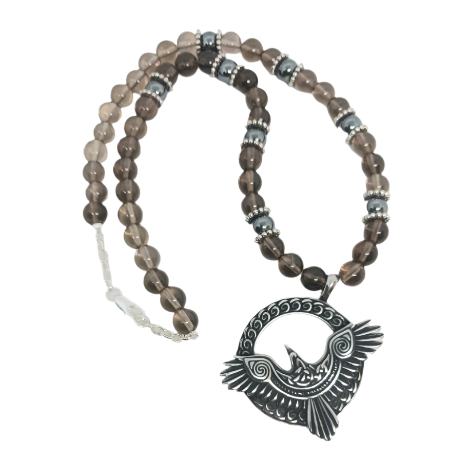 Stainless Steel Raven Necklace with Smoky Quartz Crystal and Hematite