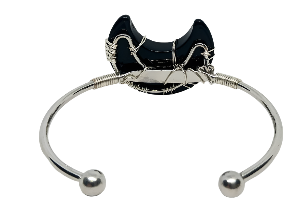 Wire Wrapped Black Obsidian Crystal Crescent Moon Bracelet