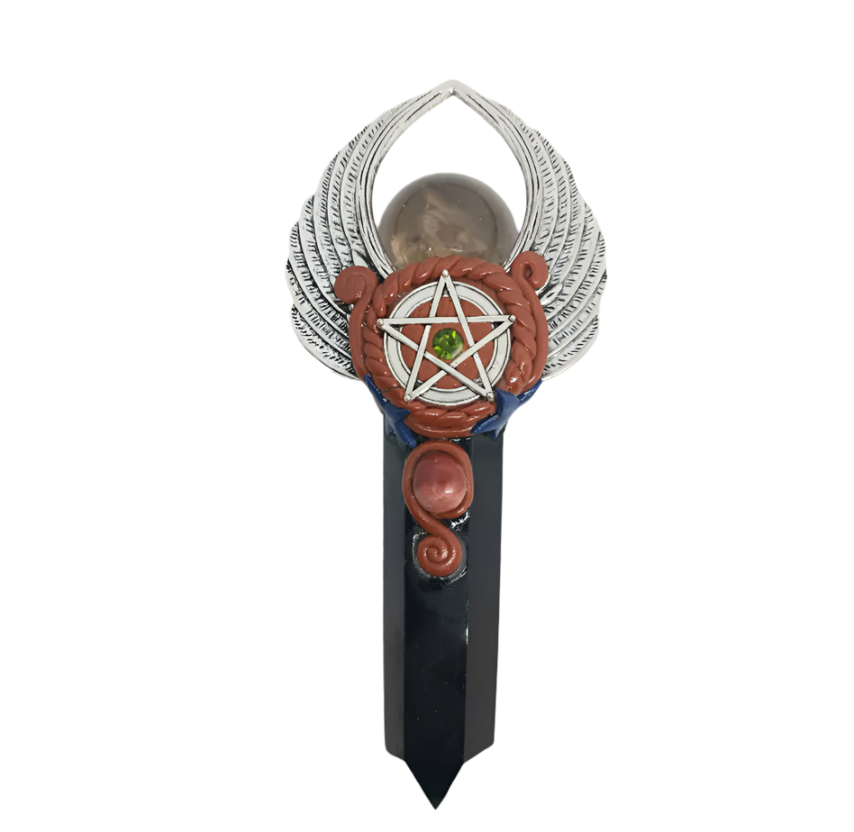 Smoky Quartz and Obsidian Crystal Wand