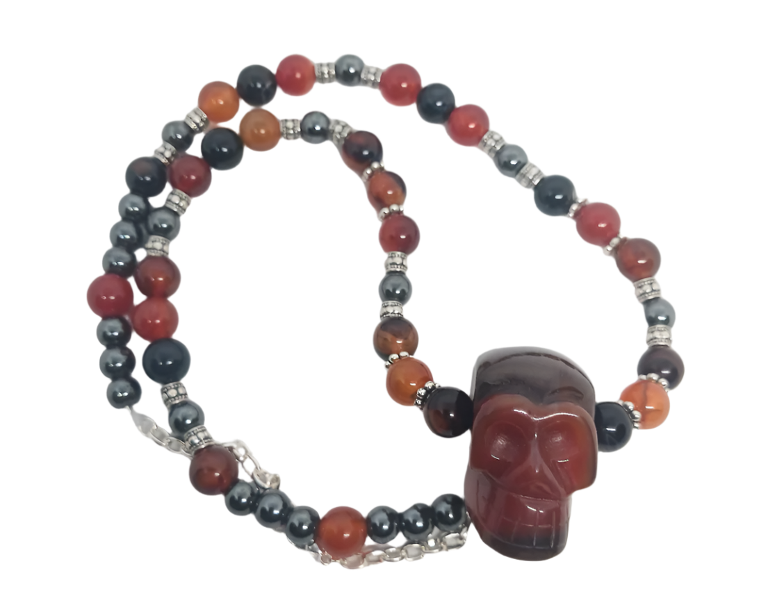 Red Agate Crystal with Hematite Skull Necklace