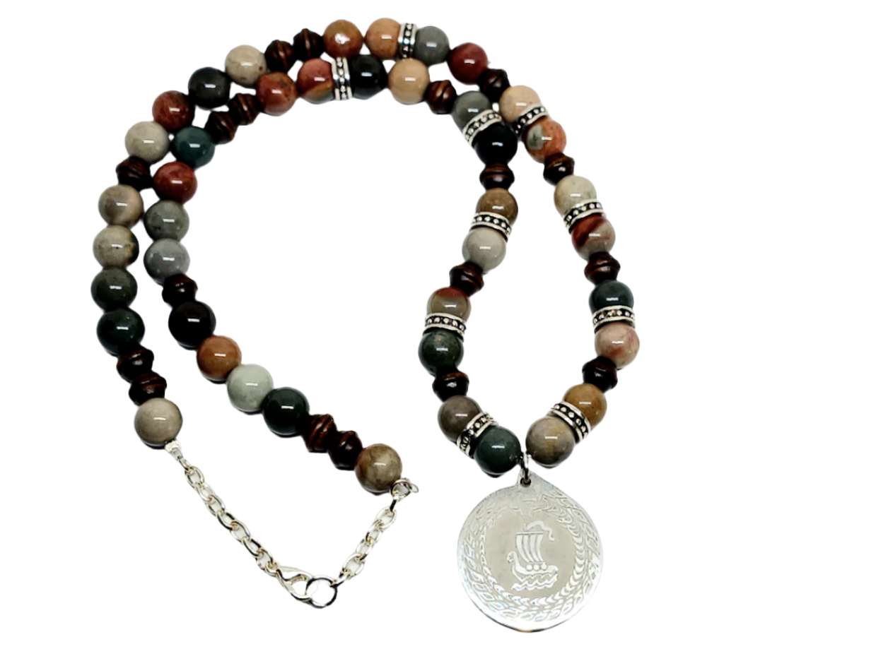 Stainless Steel Ship Pendant Necklace with Polychrome Jasper Crystal