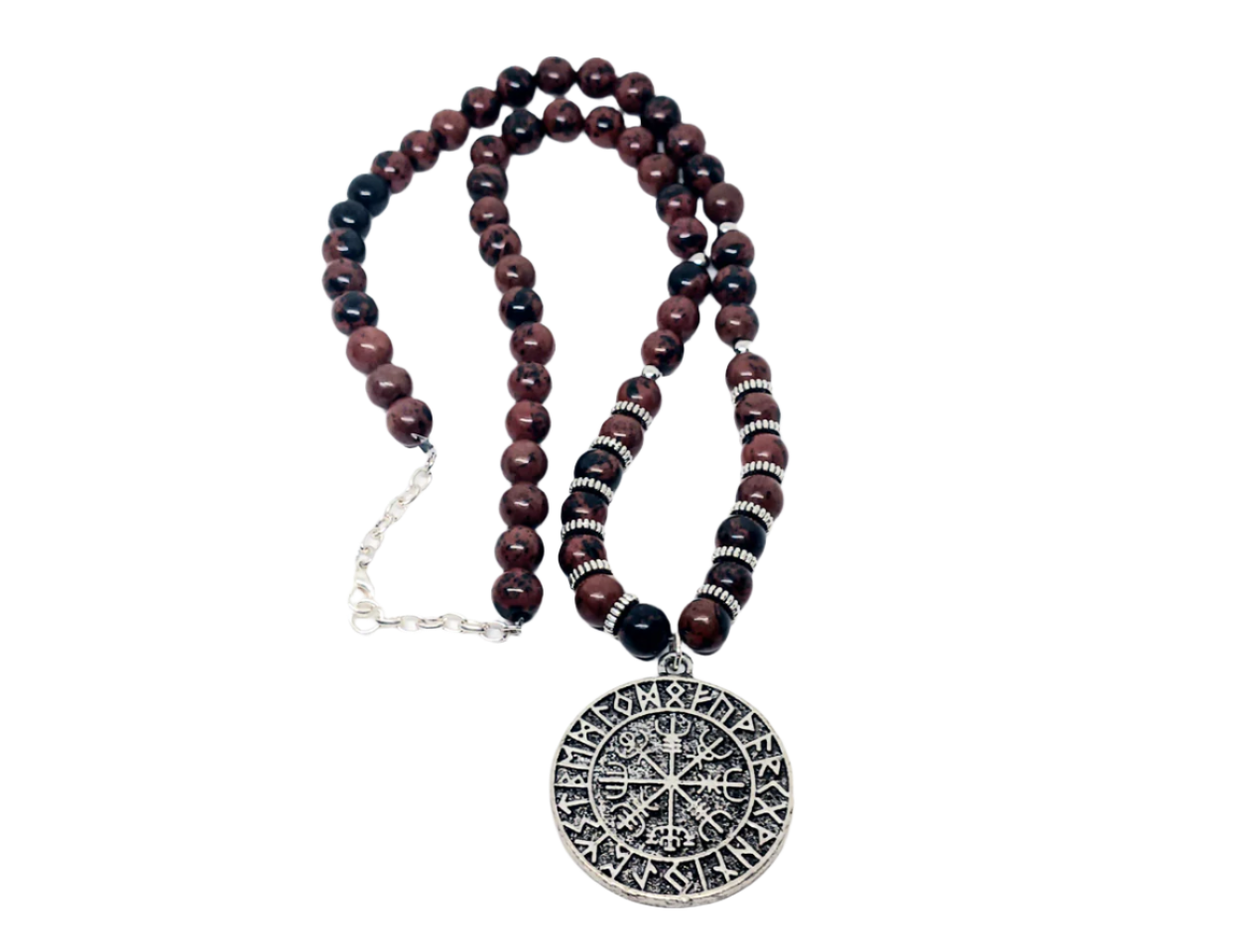Stainless Steel Vegvisir Pendant Necklace with Mahogany Obsidian Crystal