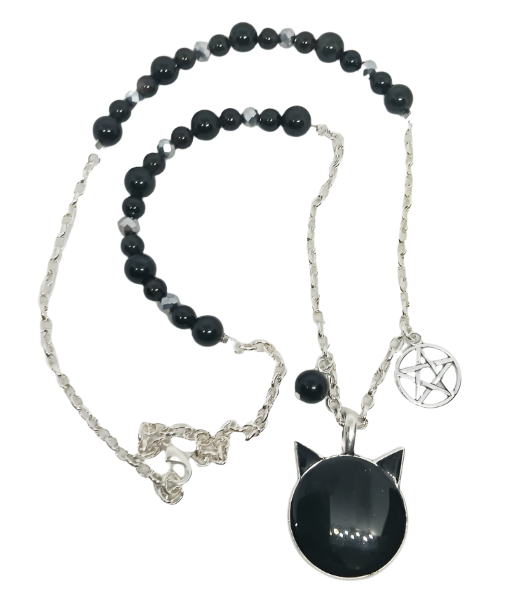 Black Cat Mini Scrying Mirror Necklace