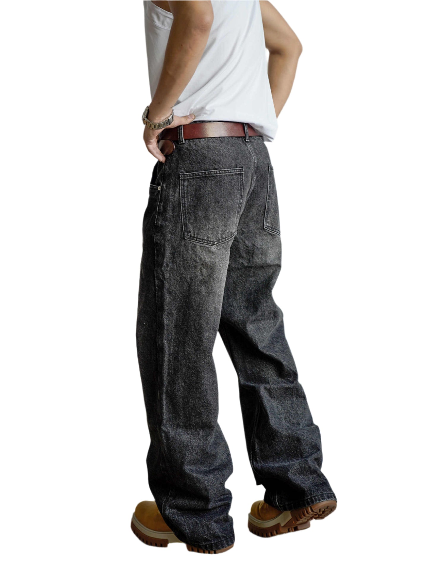 Men's Loose Straight Leg Washed Distressed Black Jeans