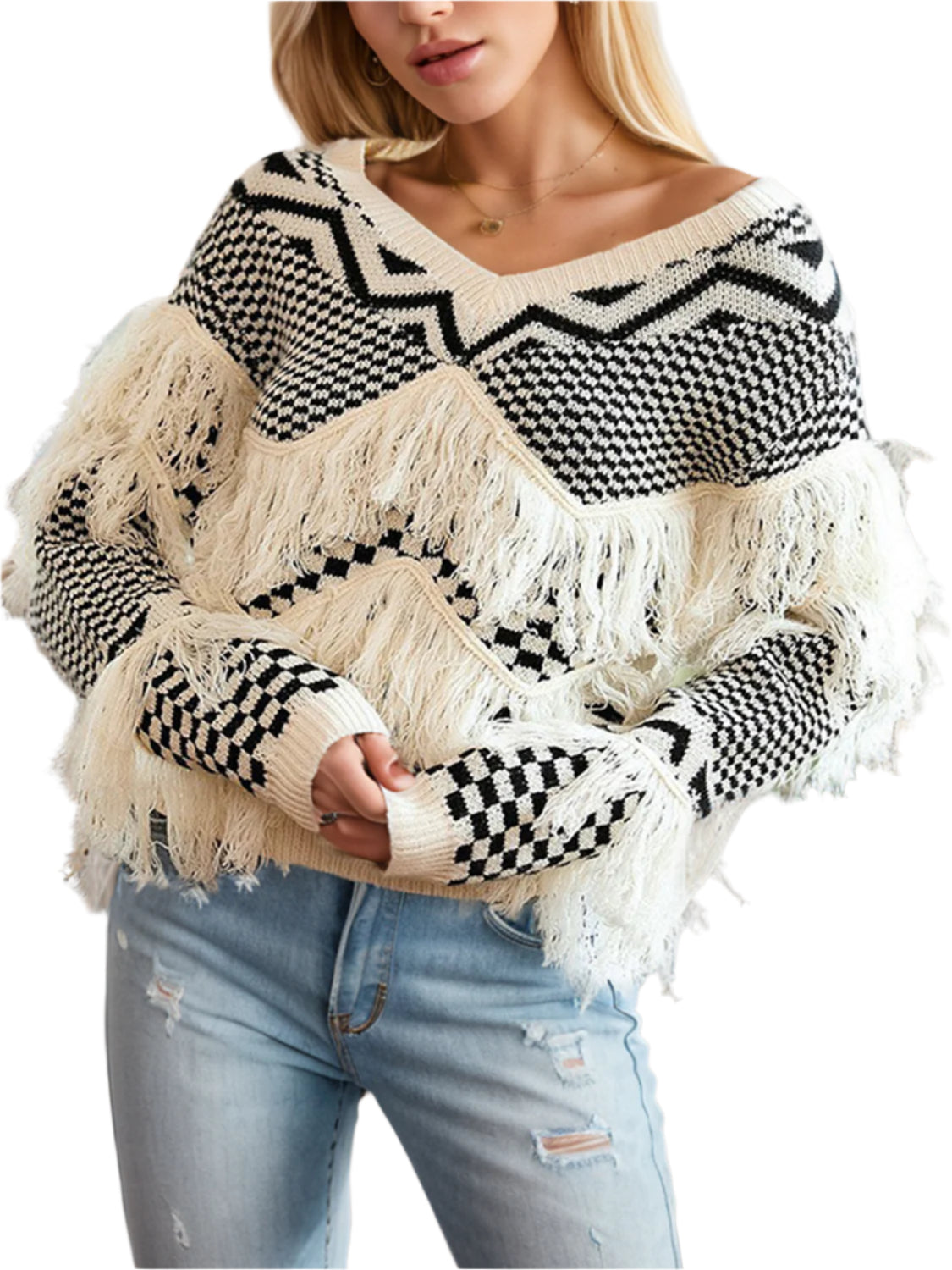 Geometric Fringe Detail V-Neck Sweater