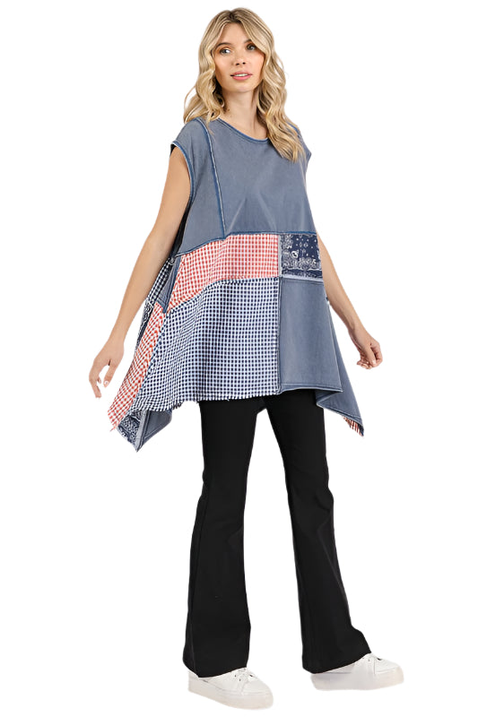Mittoshop Patchwork Mineral Washed Round Neck Cap Sleeve Top