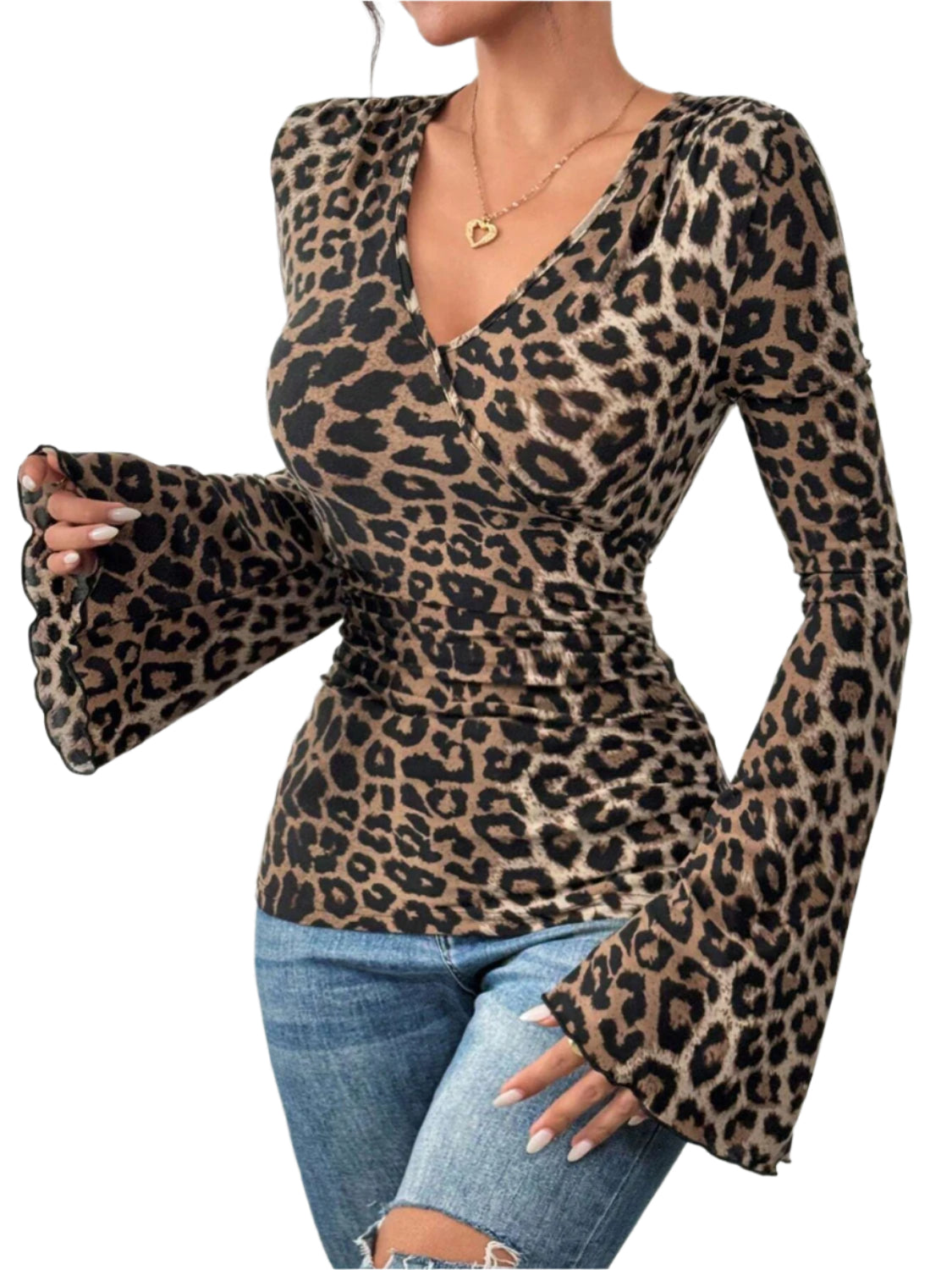 Leopard Surplice Flare Sleeve Top