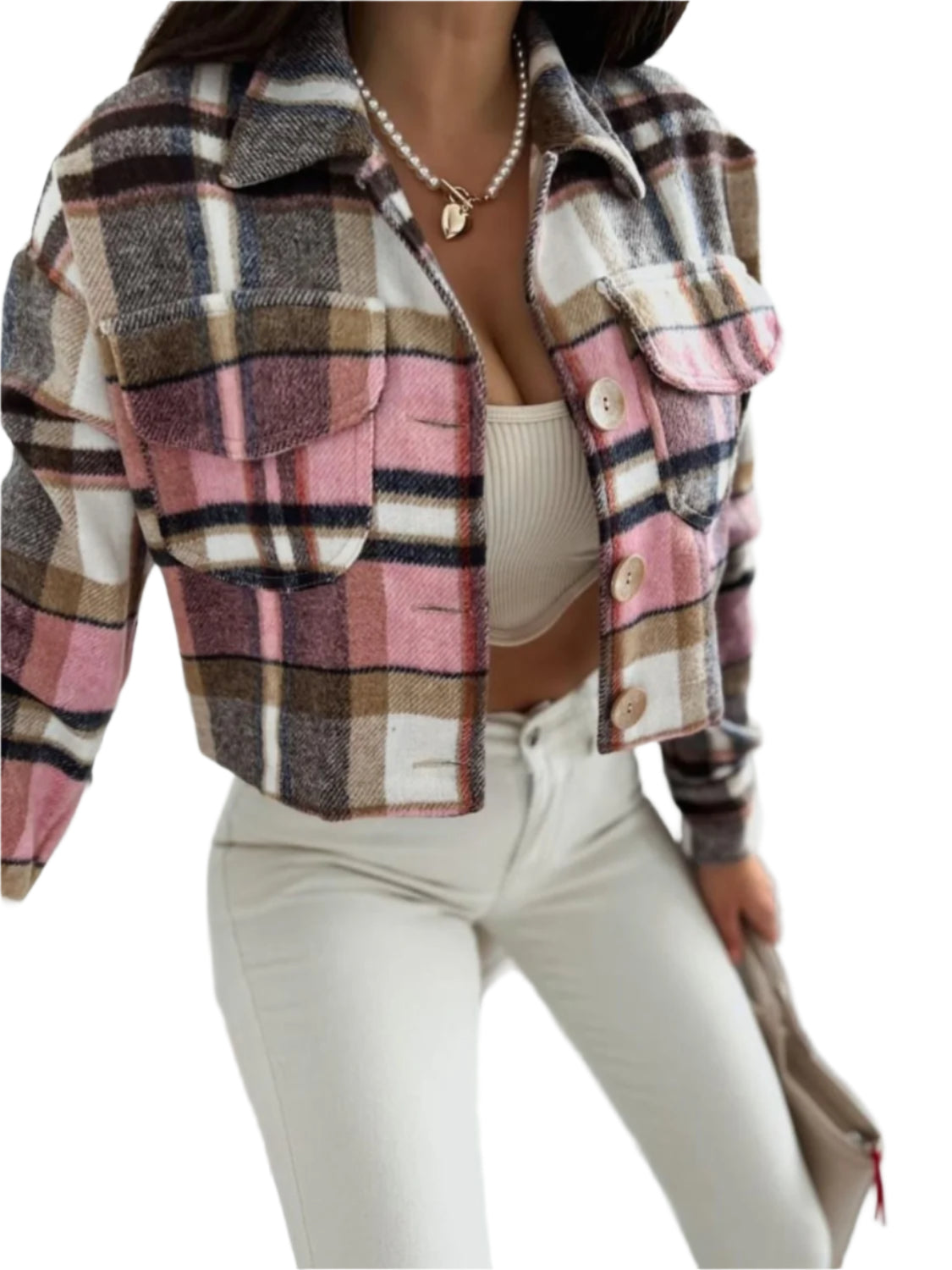 Pocketed Collared Neck Long Sleeve Plaid Jacket