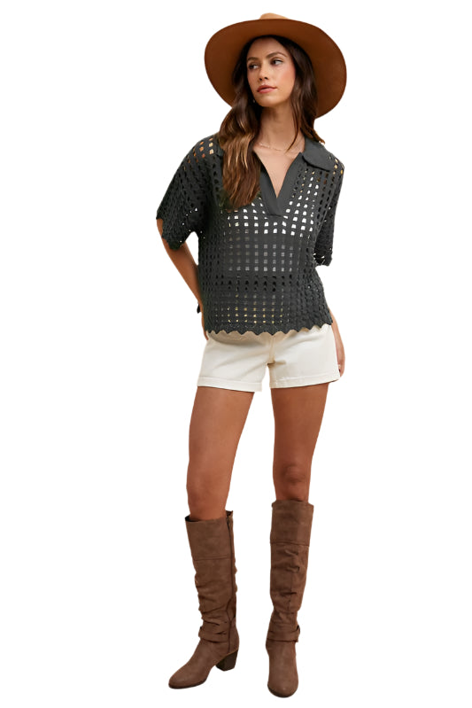 Annie Wear Openwork Johnny Collar Knit Cover Up