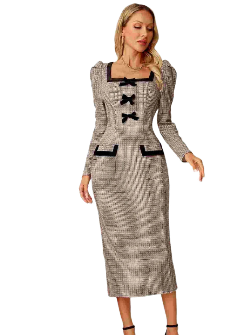 Bow Plaid Square Neck Puff Sleeve Dress