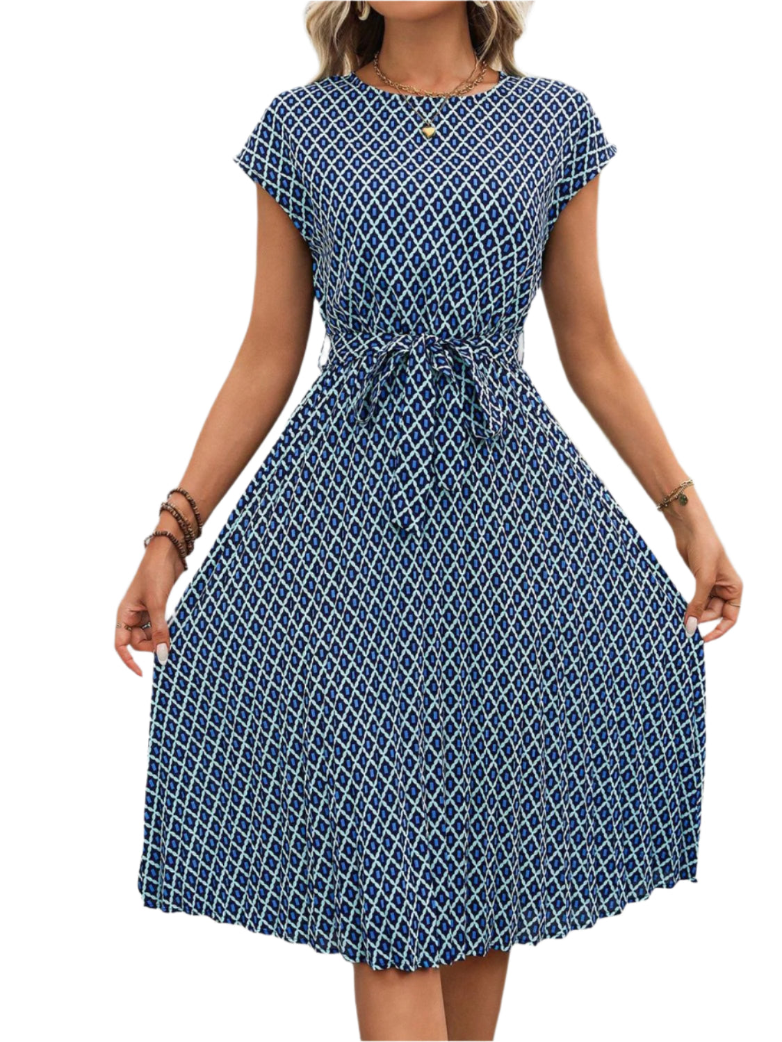 Perfee Printed Round Neck Short Sleeve Midi Dress