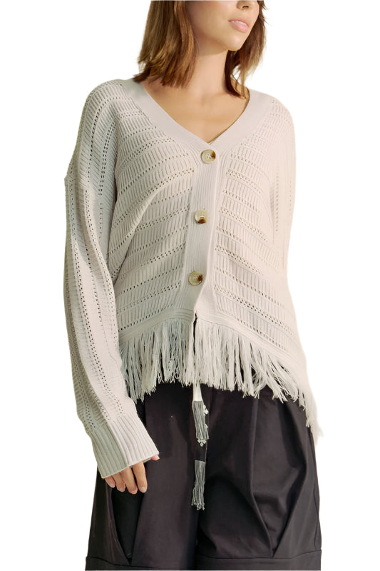 Davi & Dani Fringe V-Neck Button Up Long Sleeve Cardigan