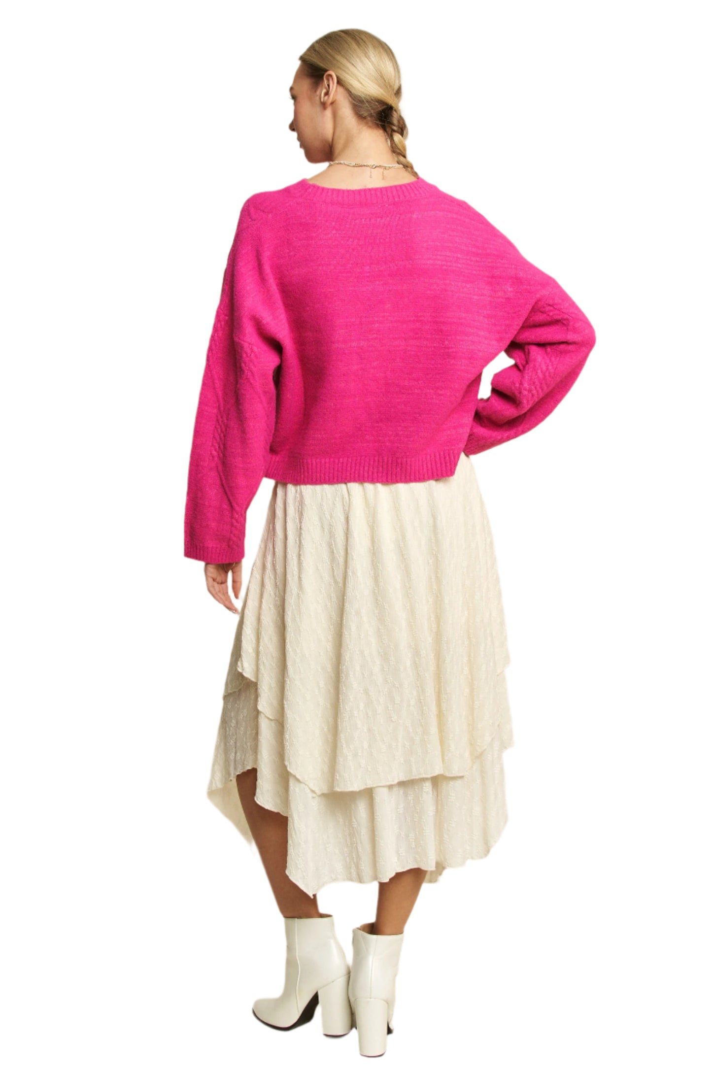 Davi & Dani Diamond Cable Pattern Drop Shoulder Sweater