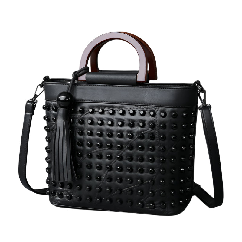 Riveted Sheepskin Tassel Accent Handbag