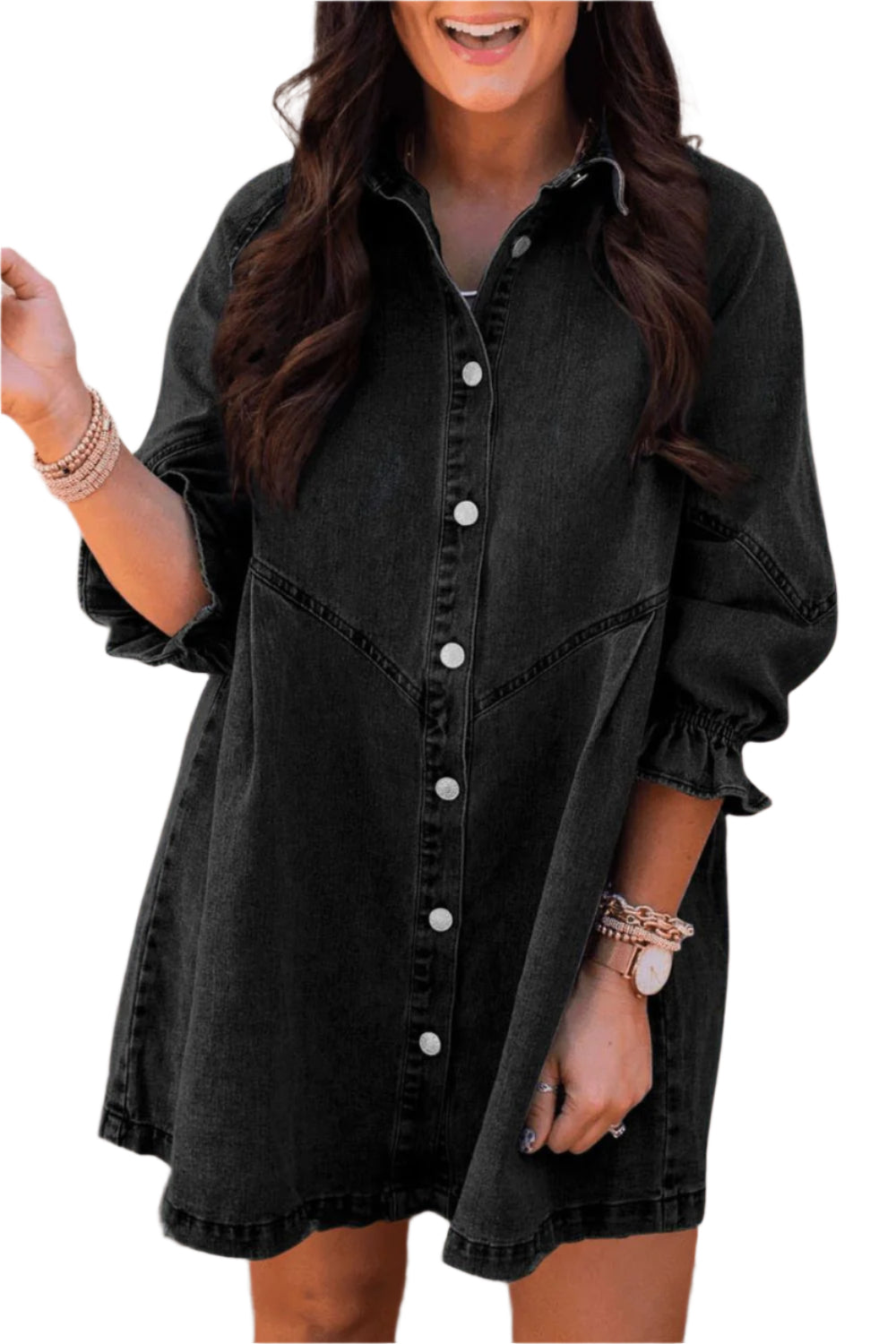 Distressed Collared Neck Flounce Sleeve Denim Dress