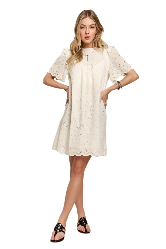ADORA Ruffled Eyelet Round Neck Dress