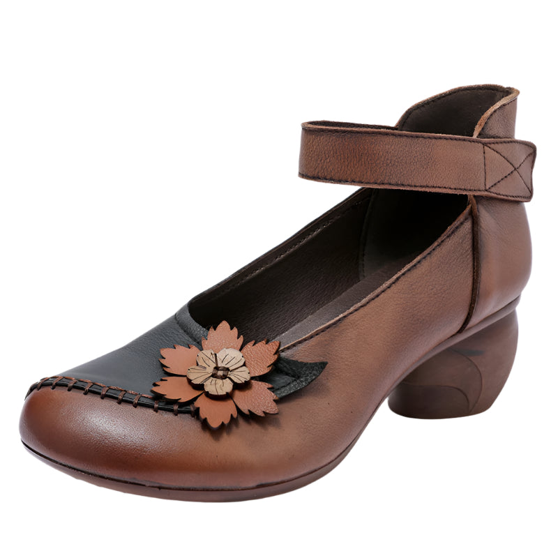 Floral Motif Cowhide Leather Velcro Heel