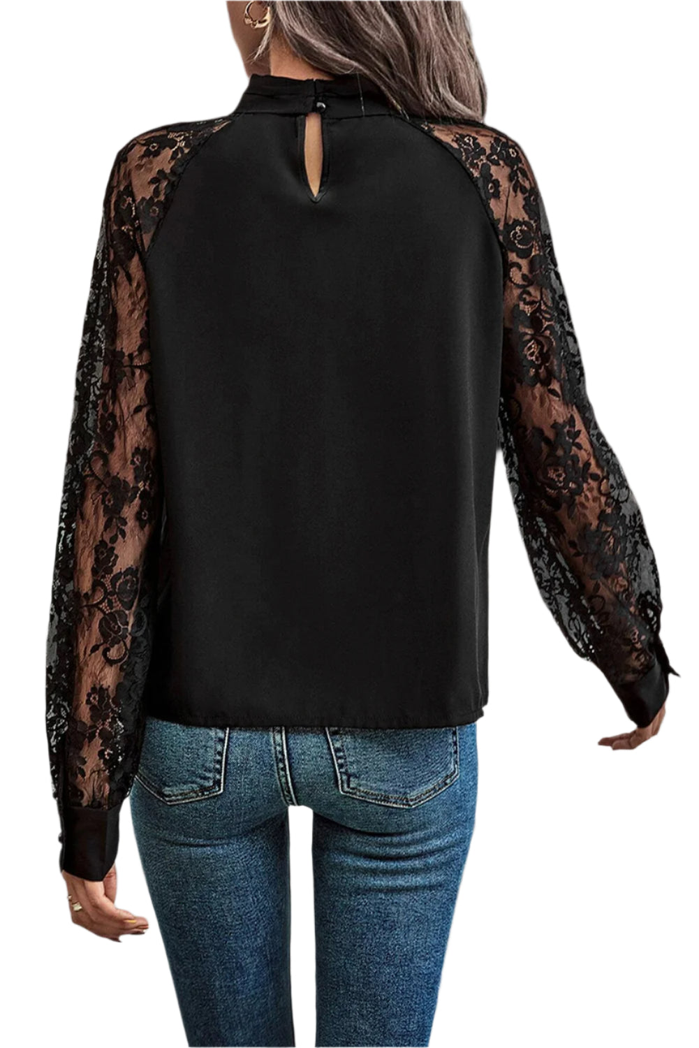 Cutout Lace Detail Long Sleeve Blouse