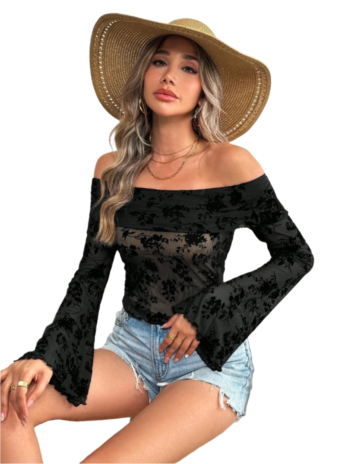 Embroidered Tie Neck Puff Sleeve Blouse
